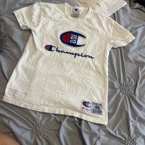 Champion White Tee with Red and Blue Logo